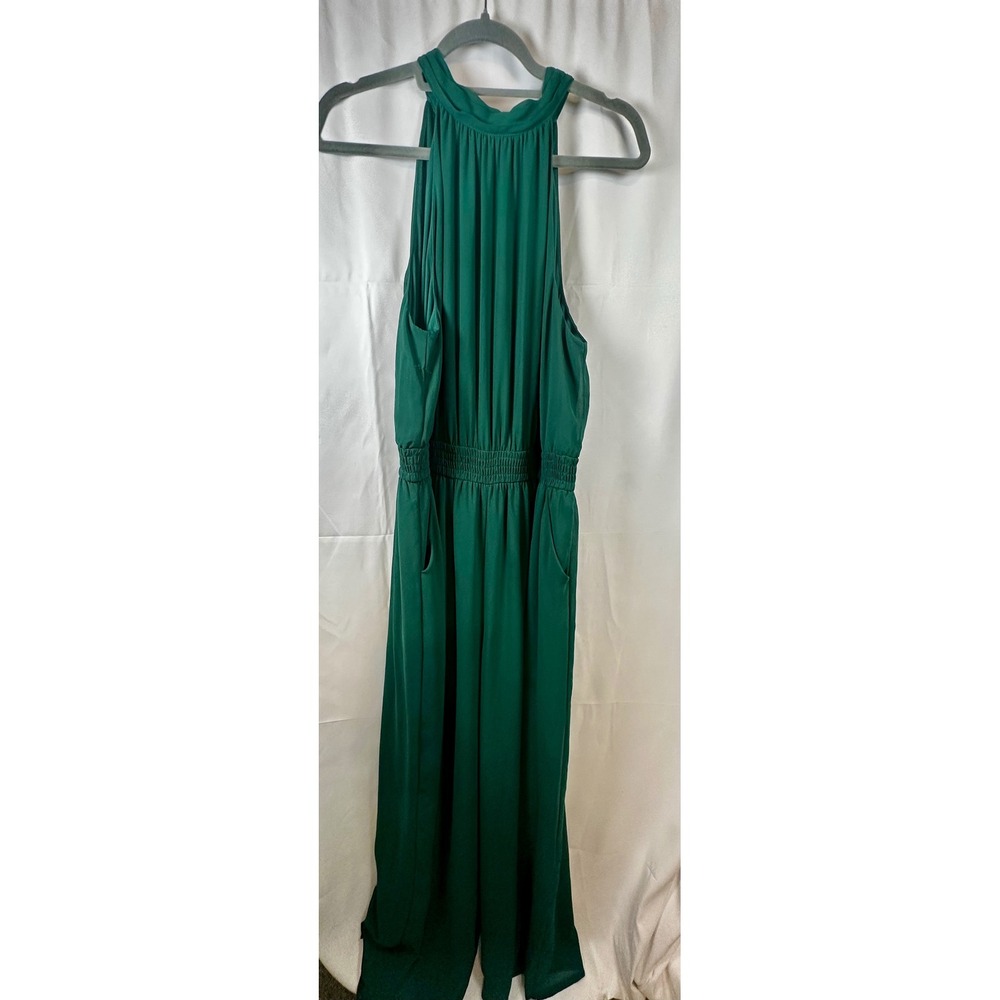 Chicos Emerald Green Halter Neck Pleated Wide Leg Jumpsuit with Pockets